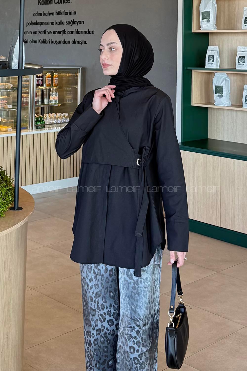 Lamelif Kuşaklı Tesettür Tunik Siyah