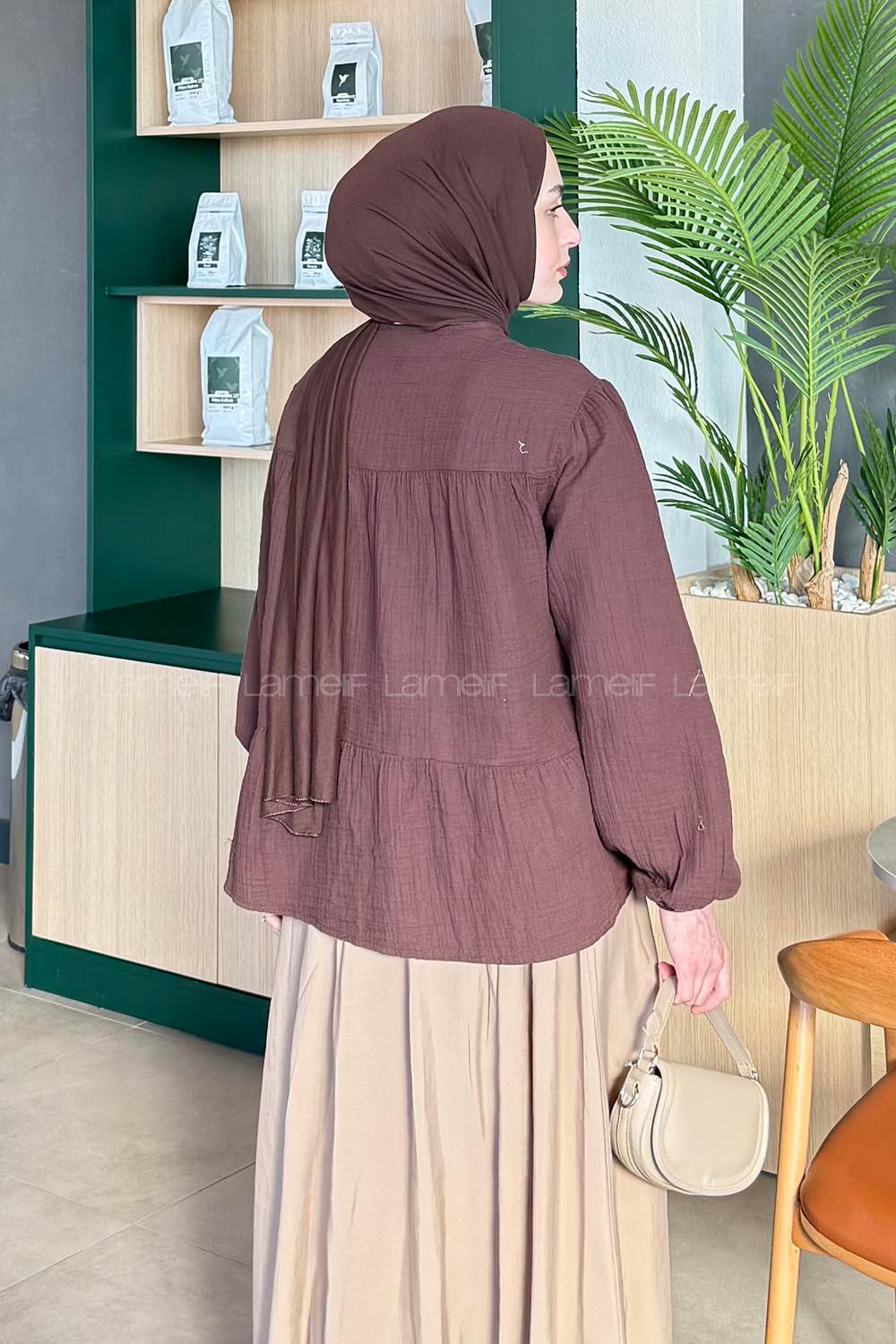 Lamelif V Yaka Kolları Lastikli Müslin Tesettür Gömlek Acı Kahve