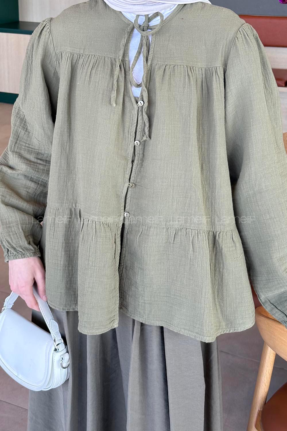 Lamelif V Yaka Kolları Lastikli Müslin Tesettür Gömlek Haki