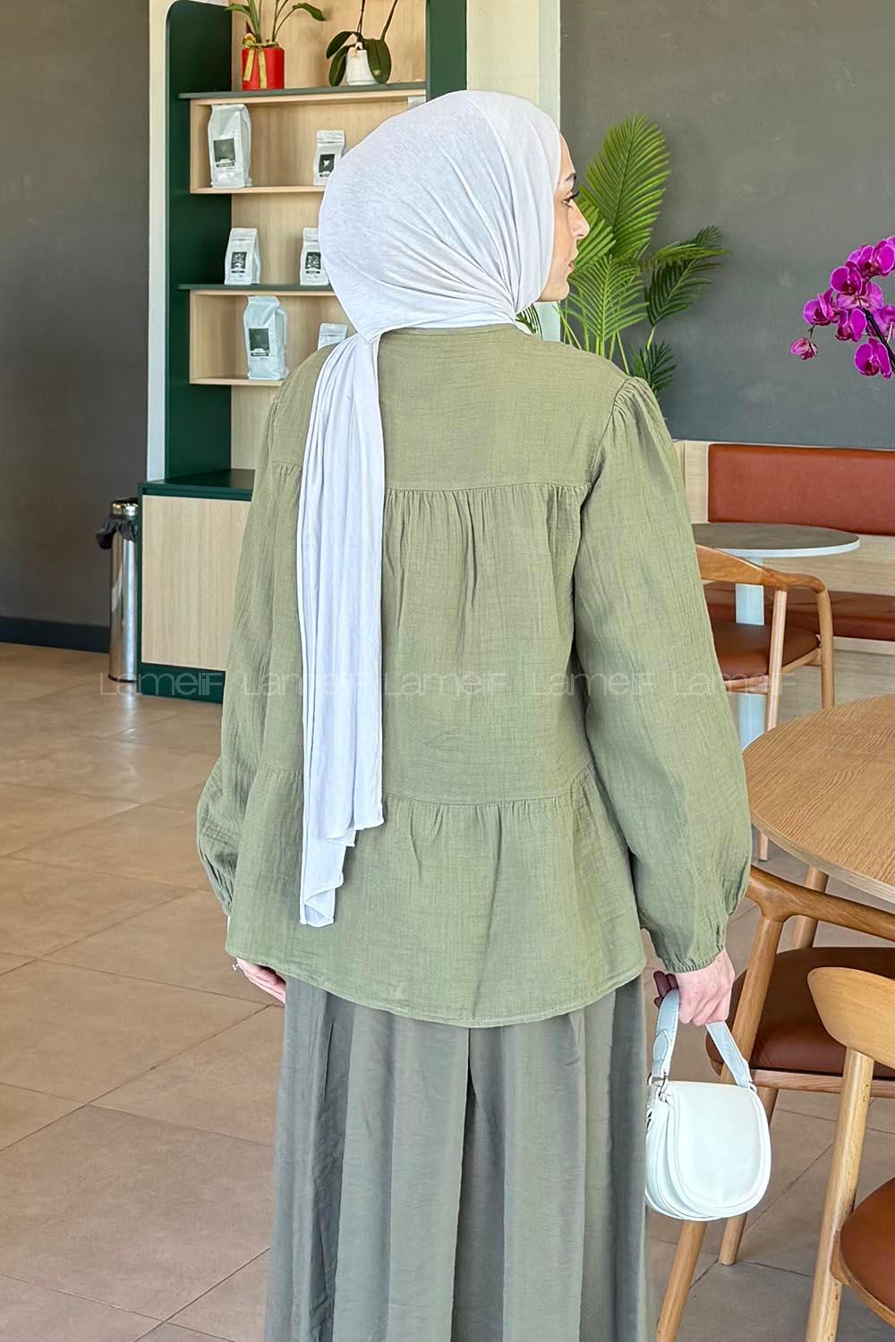 Lamelif V Yaka Kolları Lastikli Müslin Tesettür Gömlek Haki