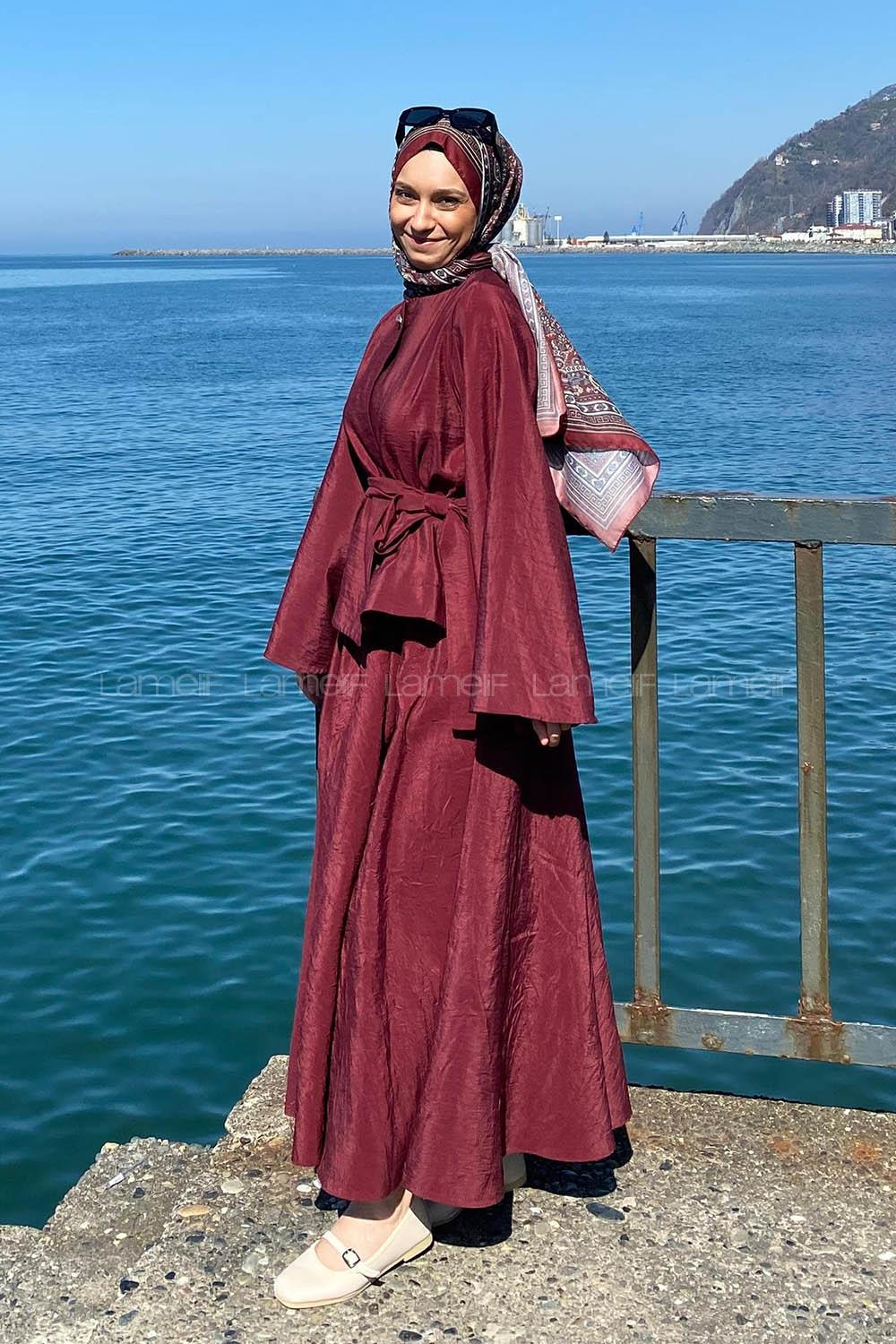 Claret Red Medium Crew Neck Long Arm Cotton Skirt Suit