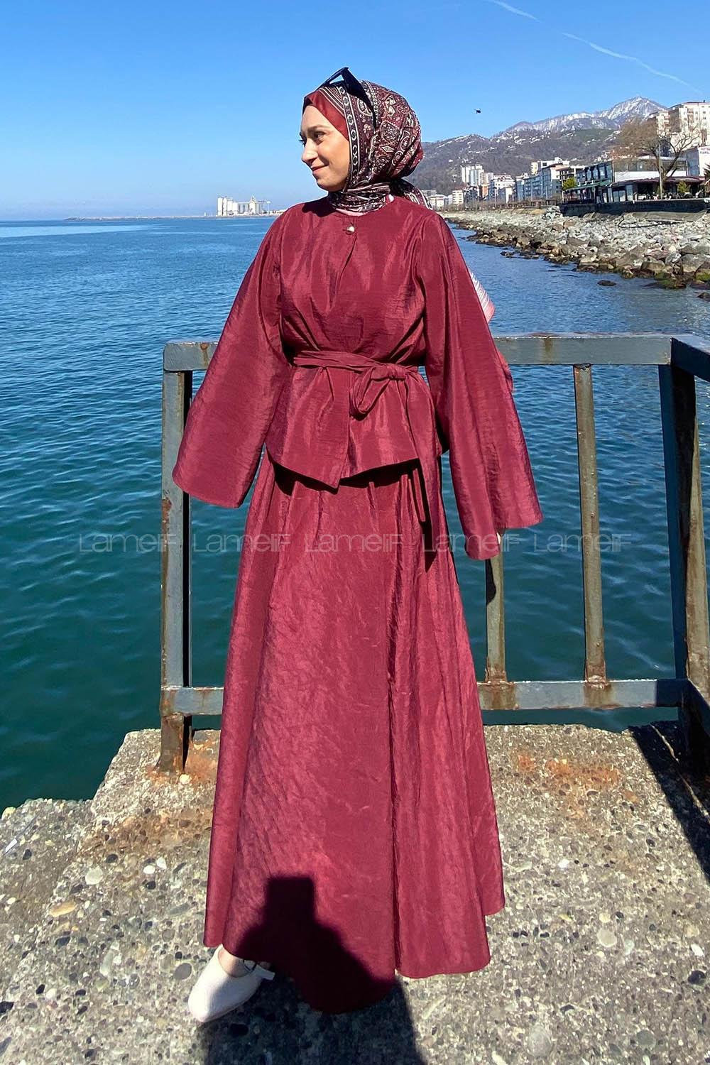 Claret Red Medium Crew Neck Long Arm Cotton Skirt Suit