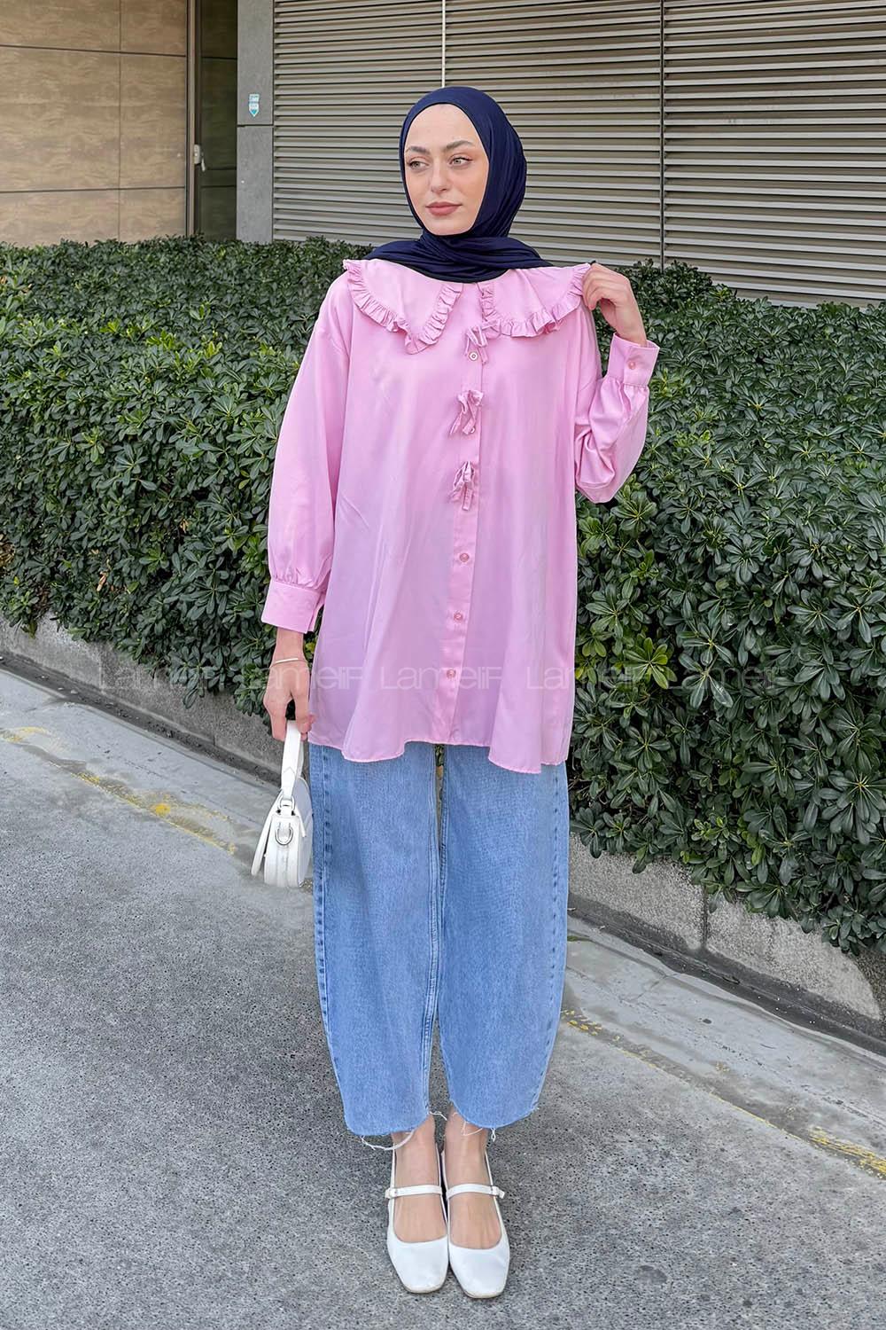 Lamelif Bebe Yaka Fiyonk Detaylı Tesettür Gömlek Pembe