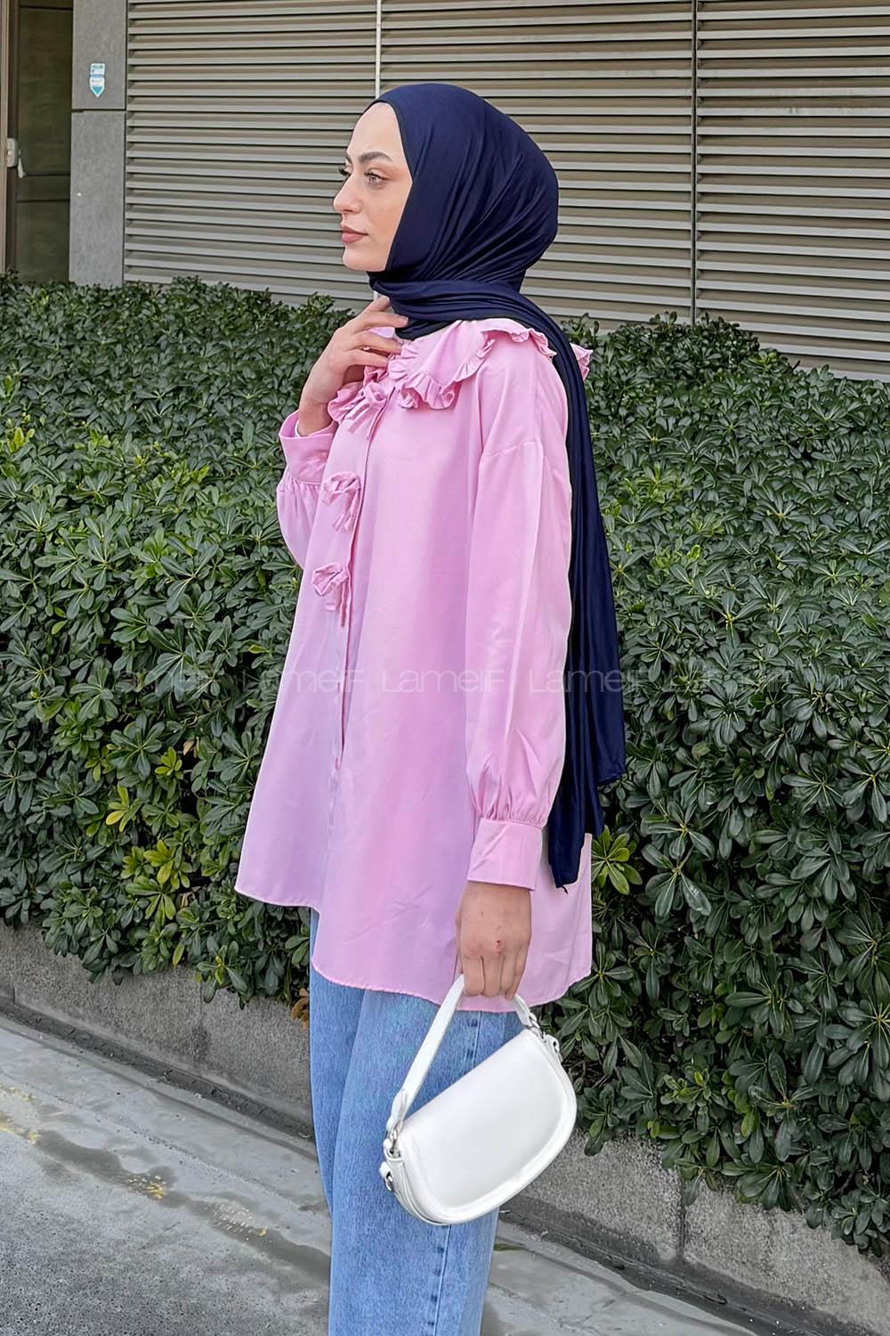 Lamelif Bebe Yaka Fiyonk Detaylı Tesettür Gömlek Pembe