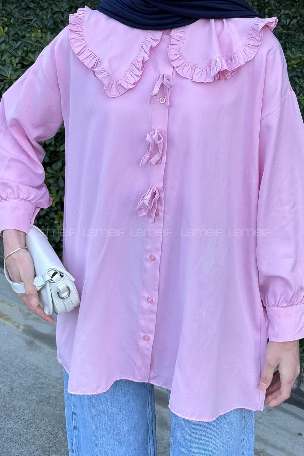 Lamelif Bebe Yaka Fiyonk Detaylı Tesettür Gömlek Pembe