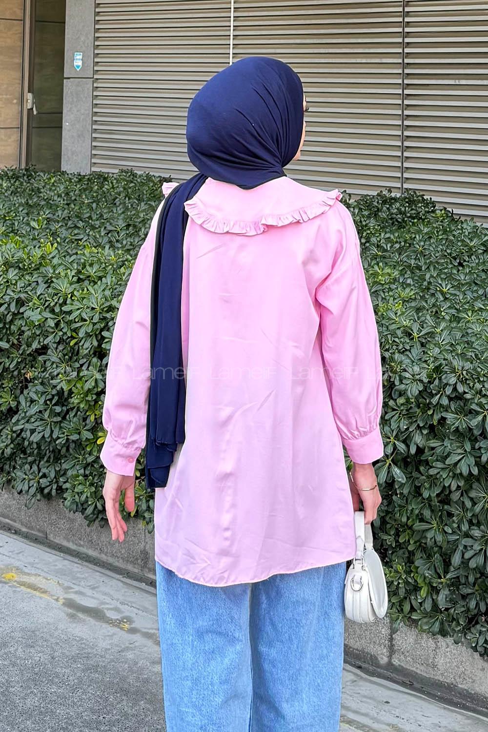 Lamelif Bebe Yaka Fiyonk Detaylı Tesettür Gömlek Pembe