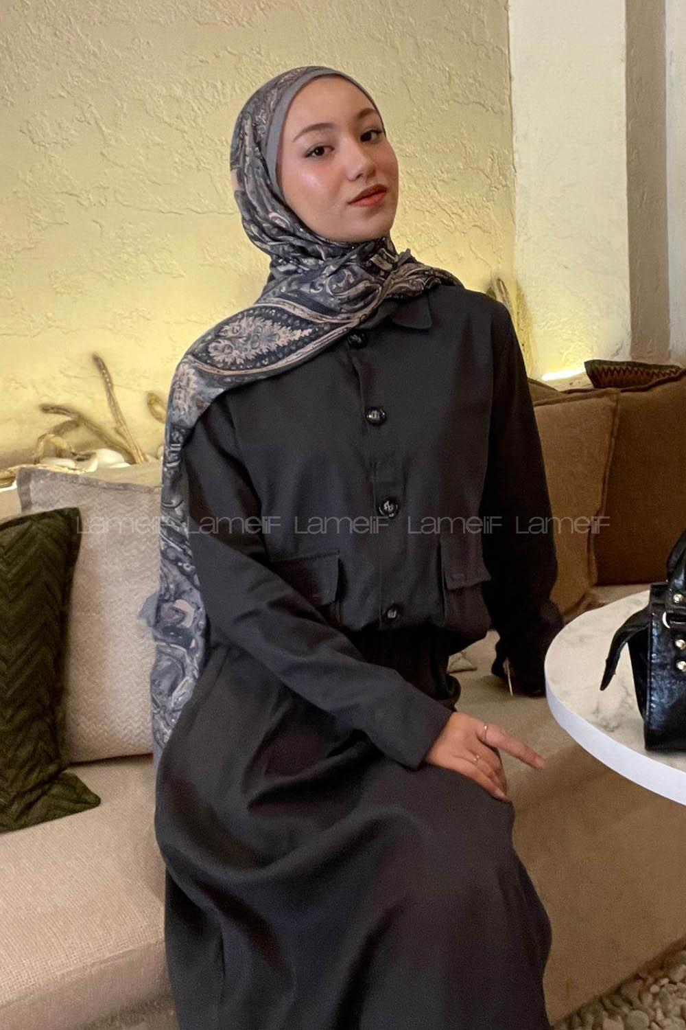 Lamelif Cep Detaylı İkili Etek  Tesettür Takım Antrasit