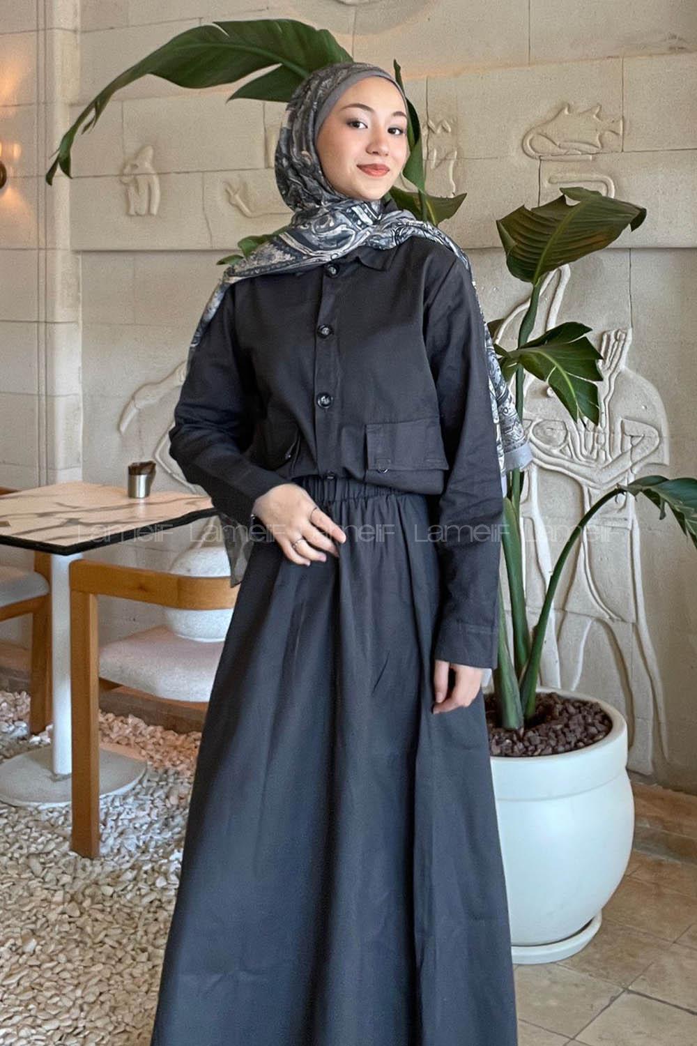 Lamelif Cep Detaylı İkili Etek  Tesettür Takım Antrasit
