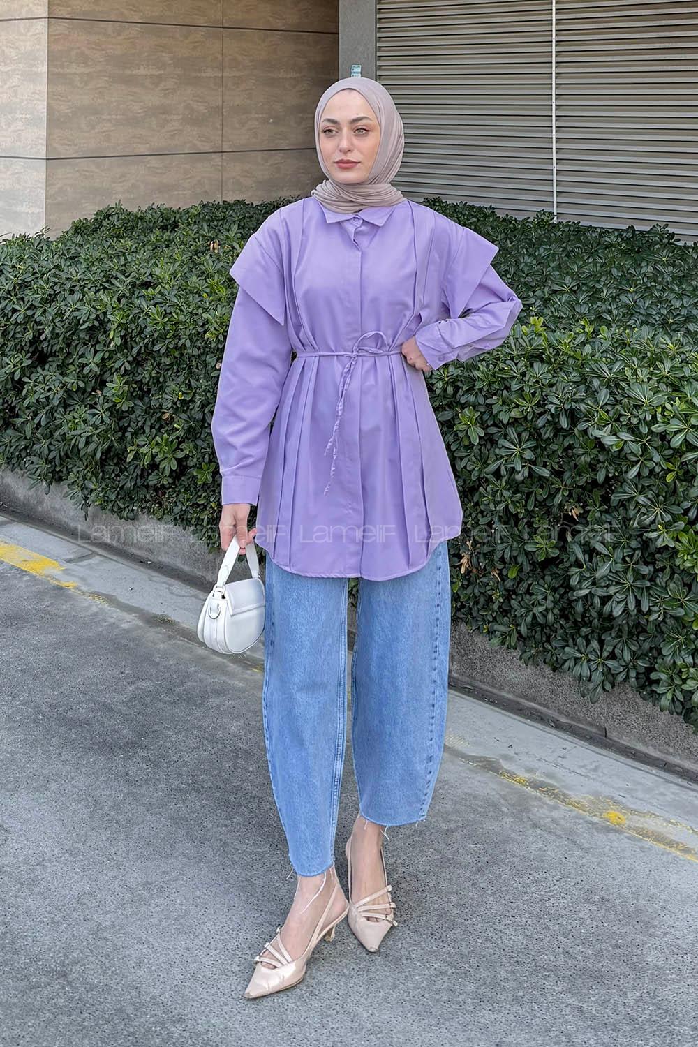 Lamelif Kat Detaylı Tesettür Gömlek Lila