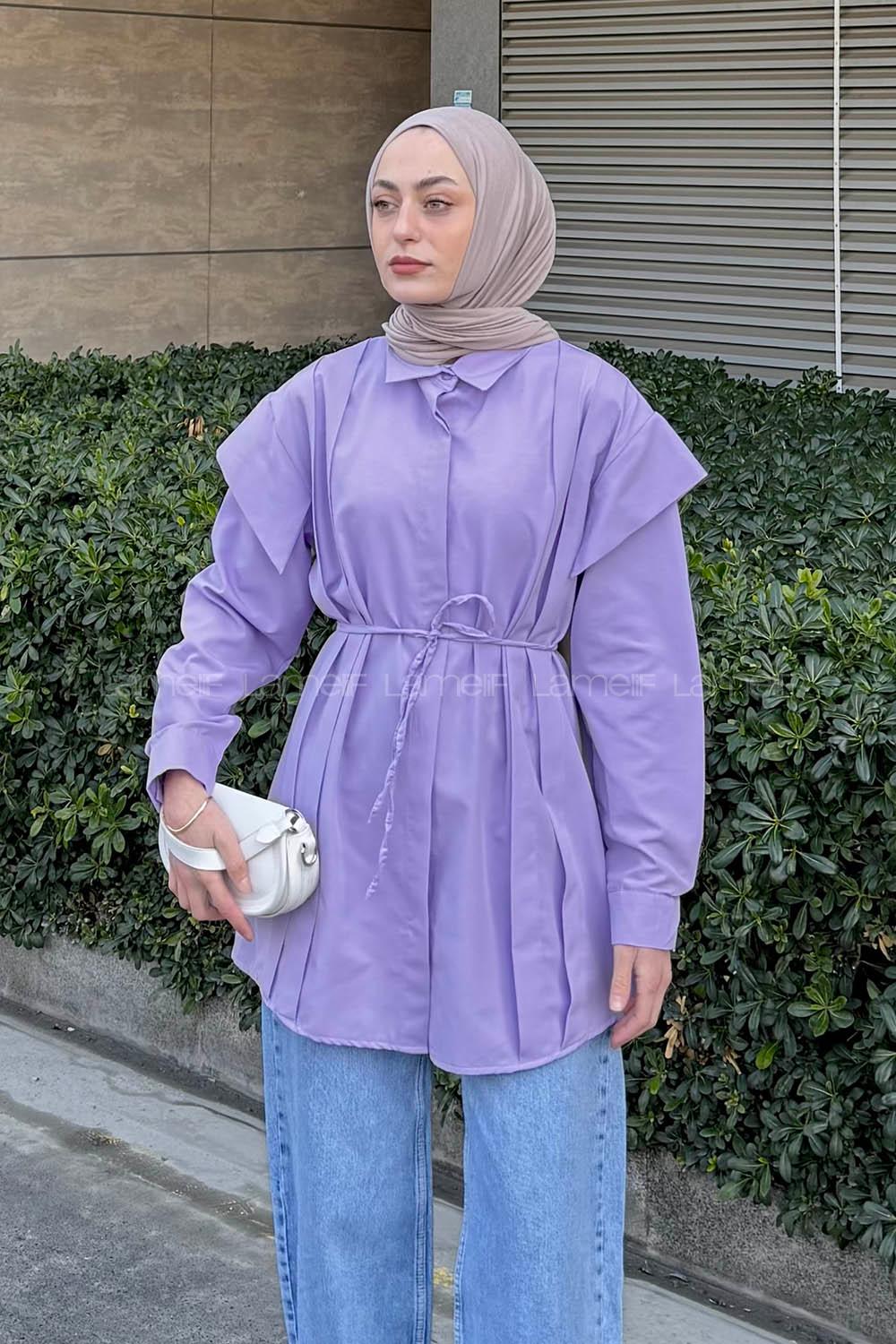 Lamelif Kat Detaylı Tesettür Gömlek Lila