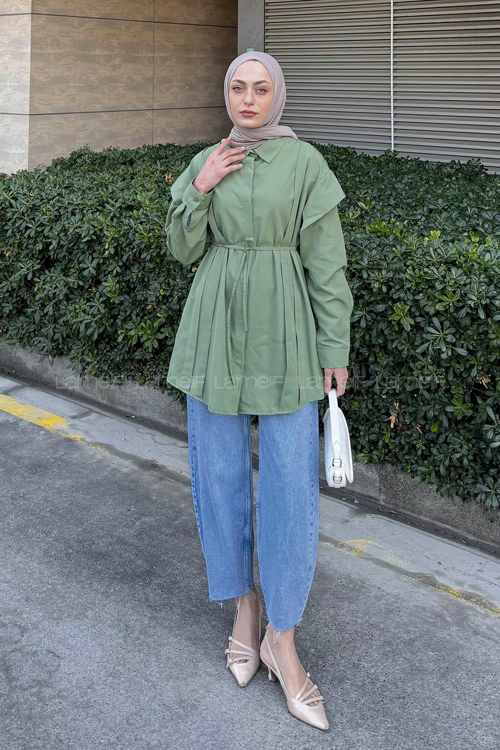 Lamelif Kat Detaylı Tesettür Gömlek Yeşil