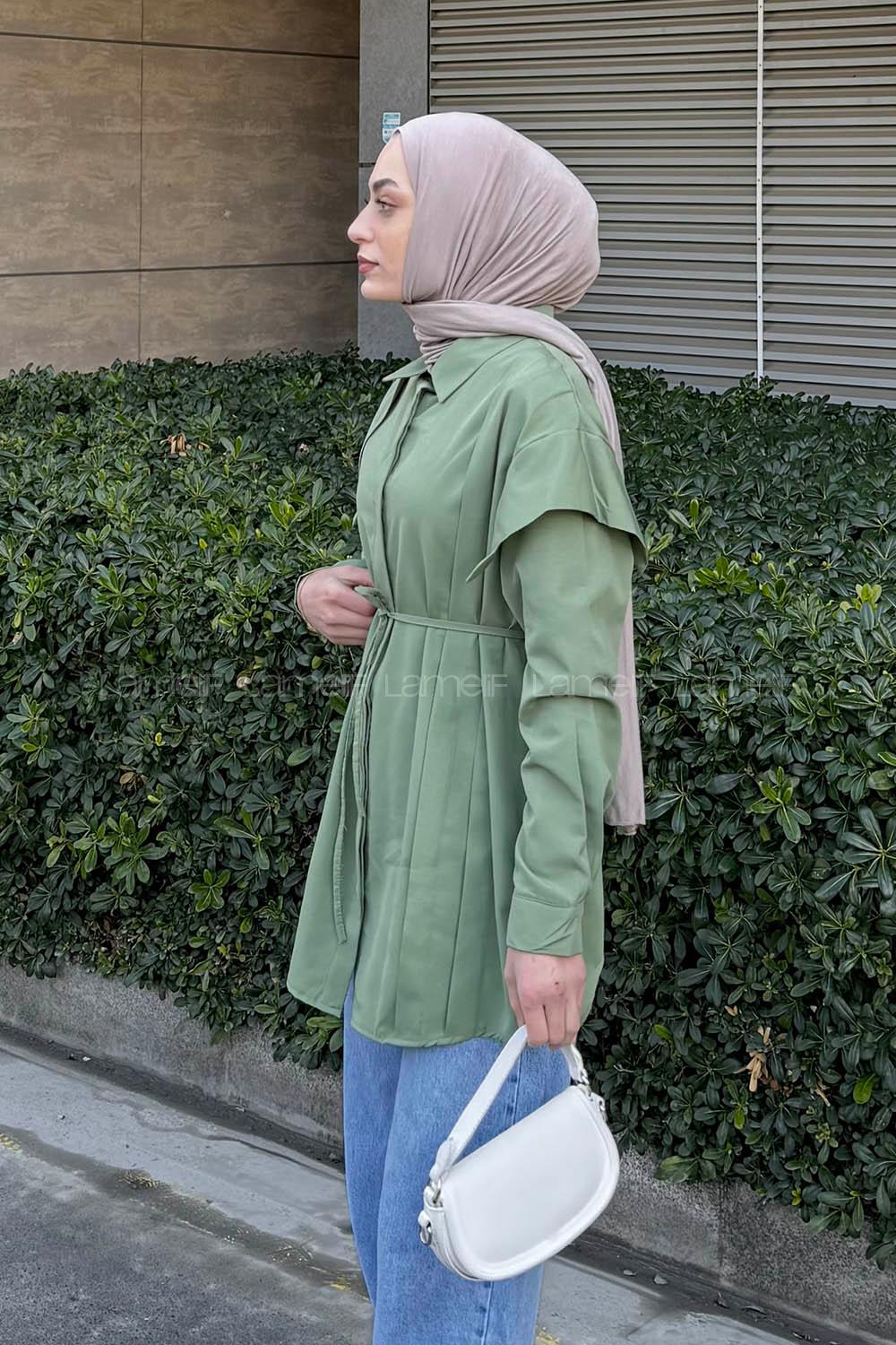 Lamelif Kat Detaylı Tesettür Gömlek Yeşil