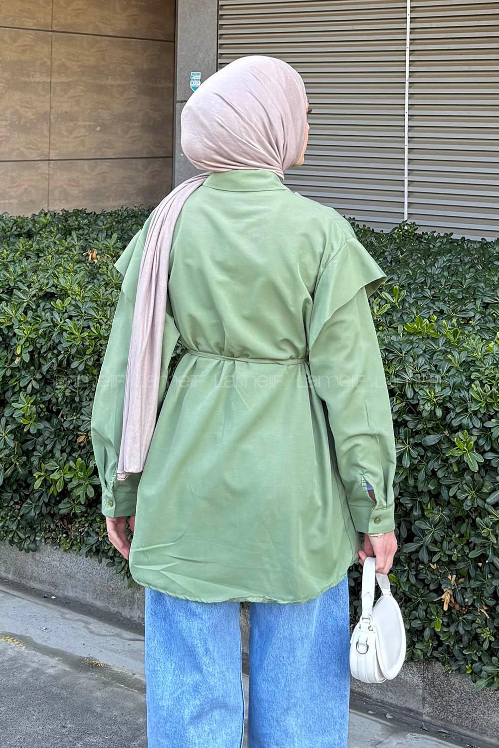 Lamelif Kat Detaylı Tesettür Gömlek Yeşil