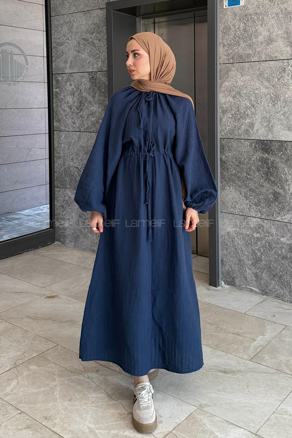 Navy Blue Loose Crew Neck Linen Dresess