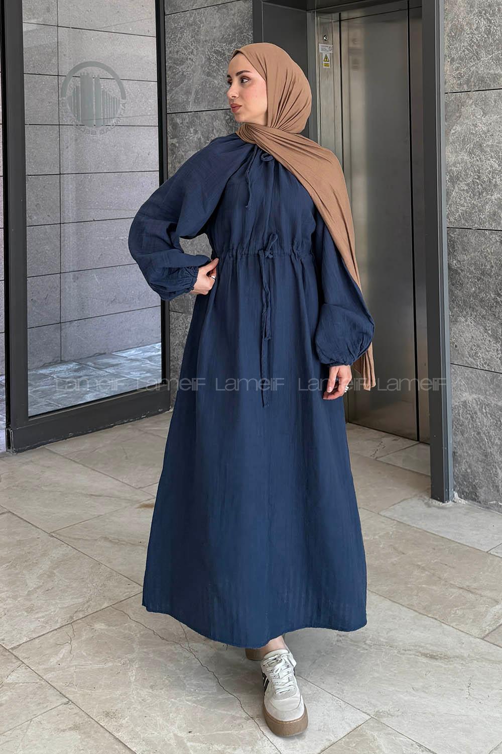 Navy Blue Loose Crew Neck Linen Dresess