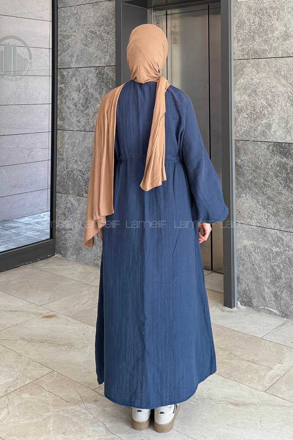 Navy Blue Loose Crew Neck Linen Dresess