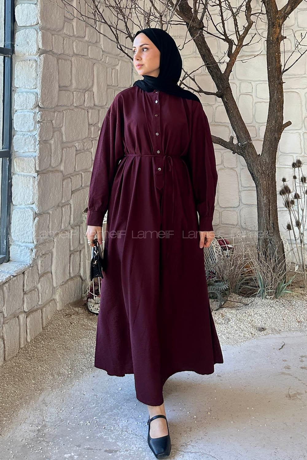 Lamelif Ön Düğme Kapama Tesettür Elbise Bordo