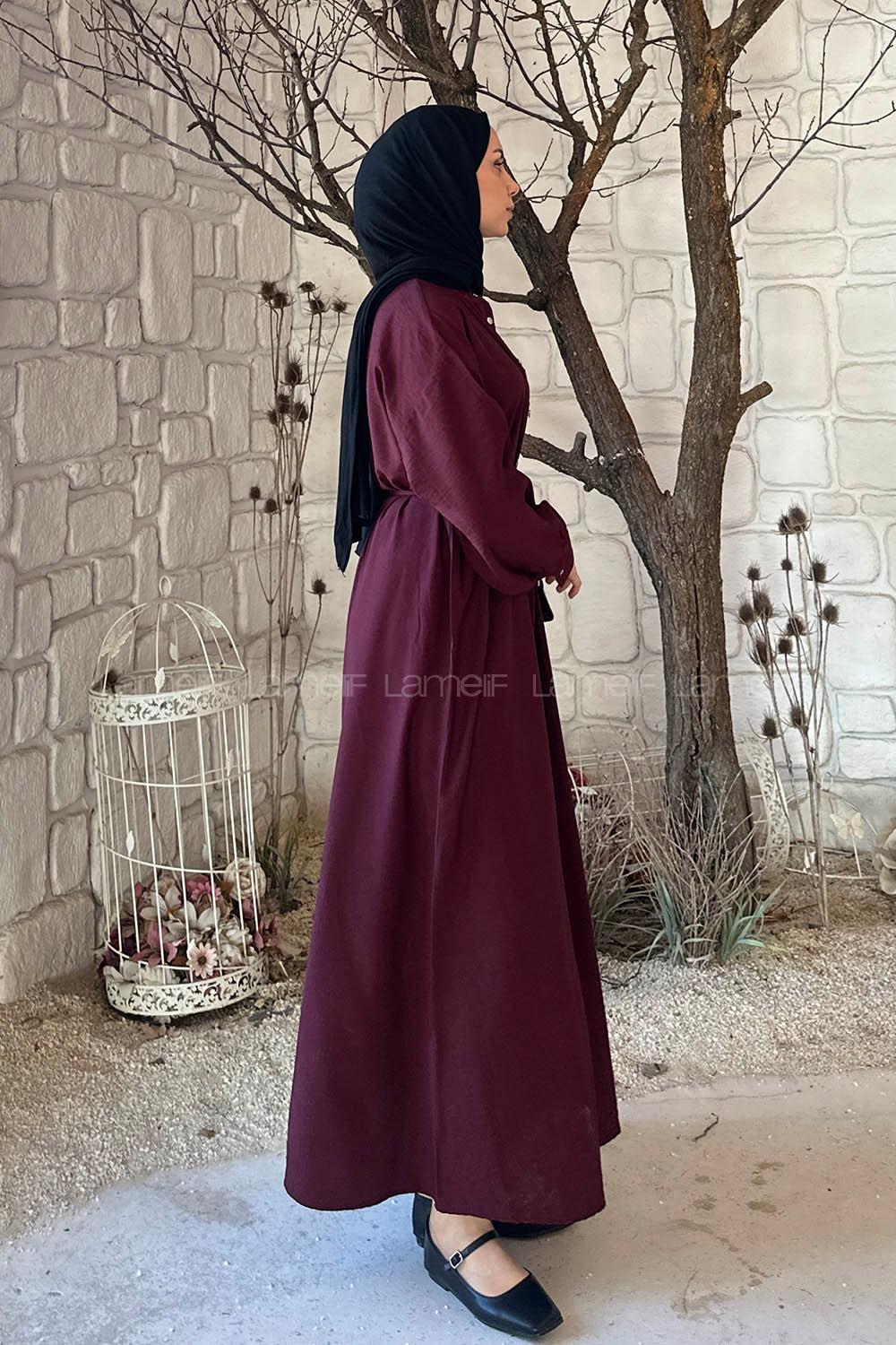Lamelif Ön Düğme Kapama Tesettür Elbise Bordo