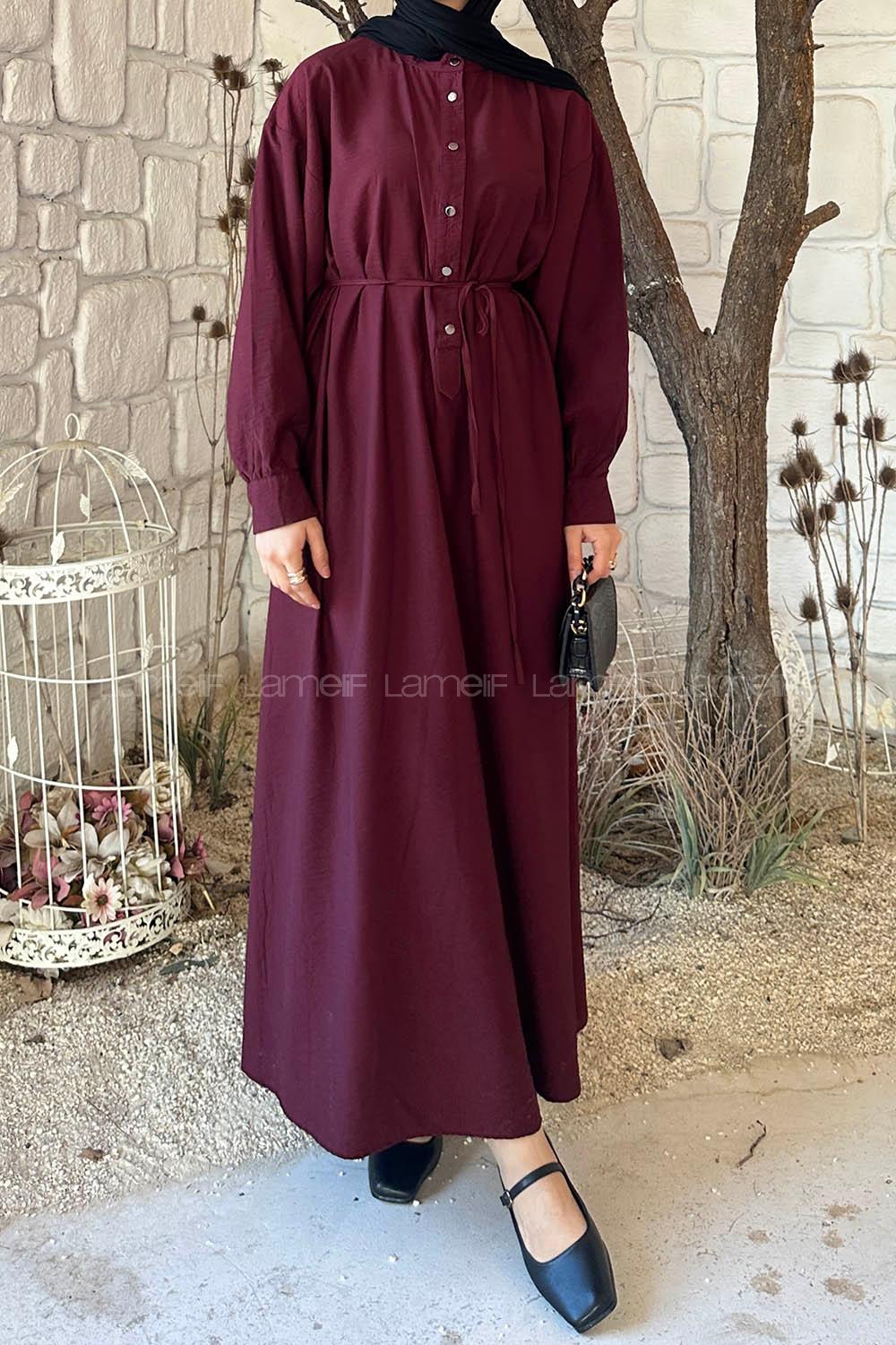Lamelif Ön Düğme Kapama Tesettür Elbise Bordo