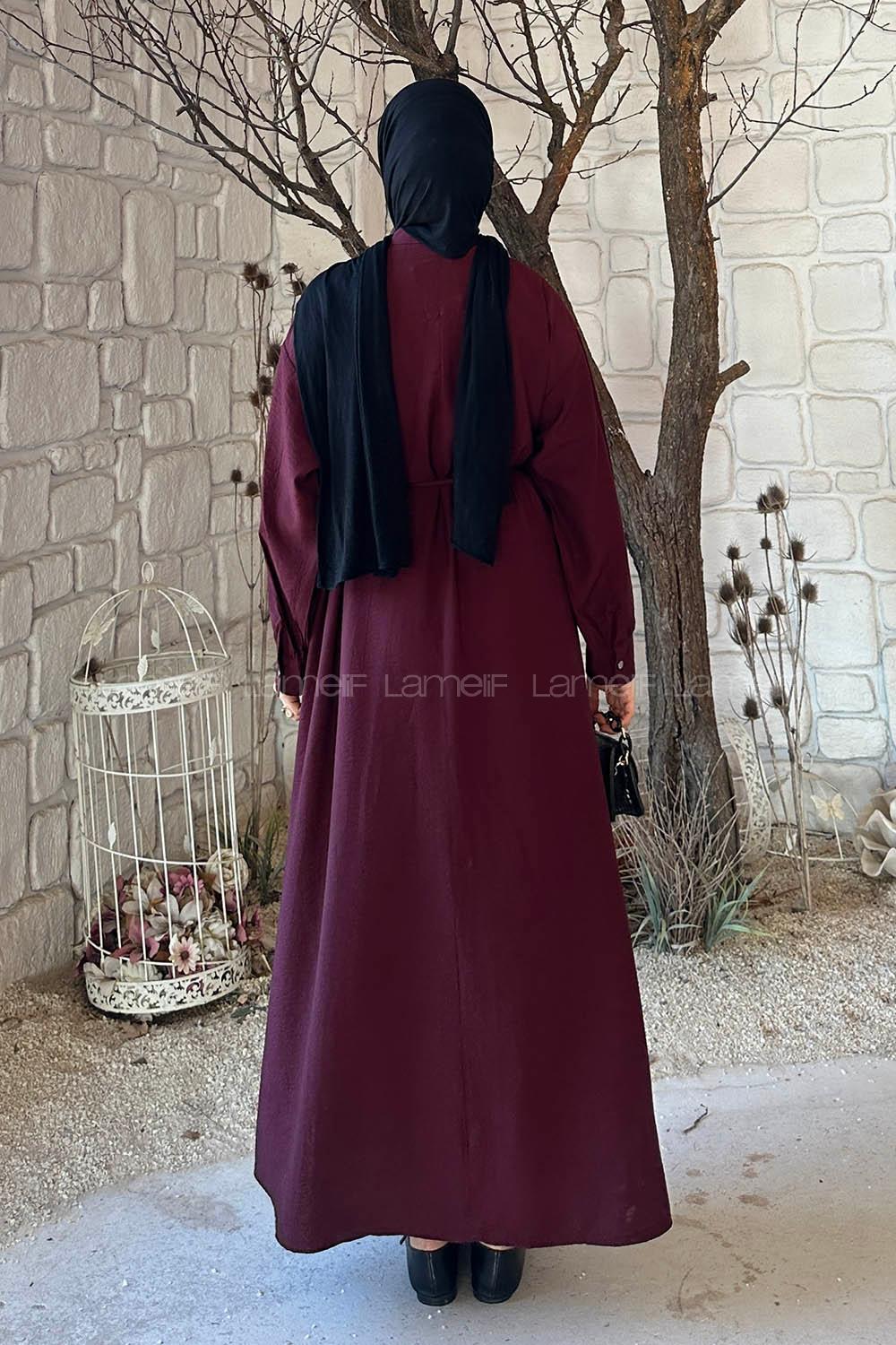 Lamelif Ön Düğme Kapama Tesettür Elbise Bordo