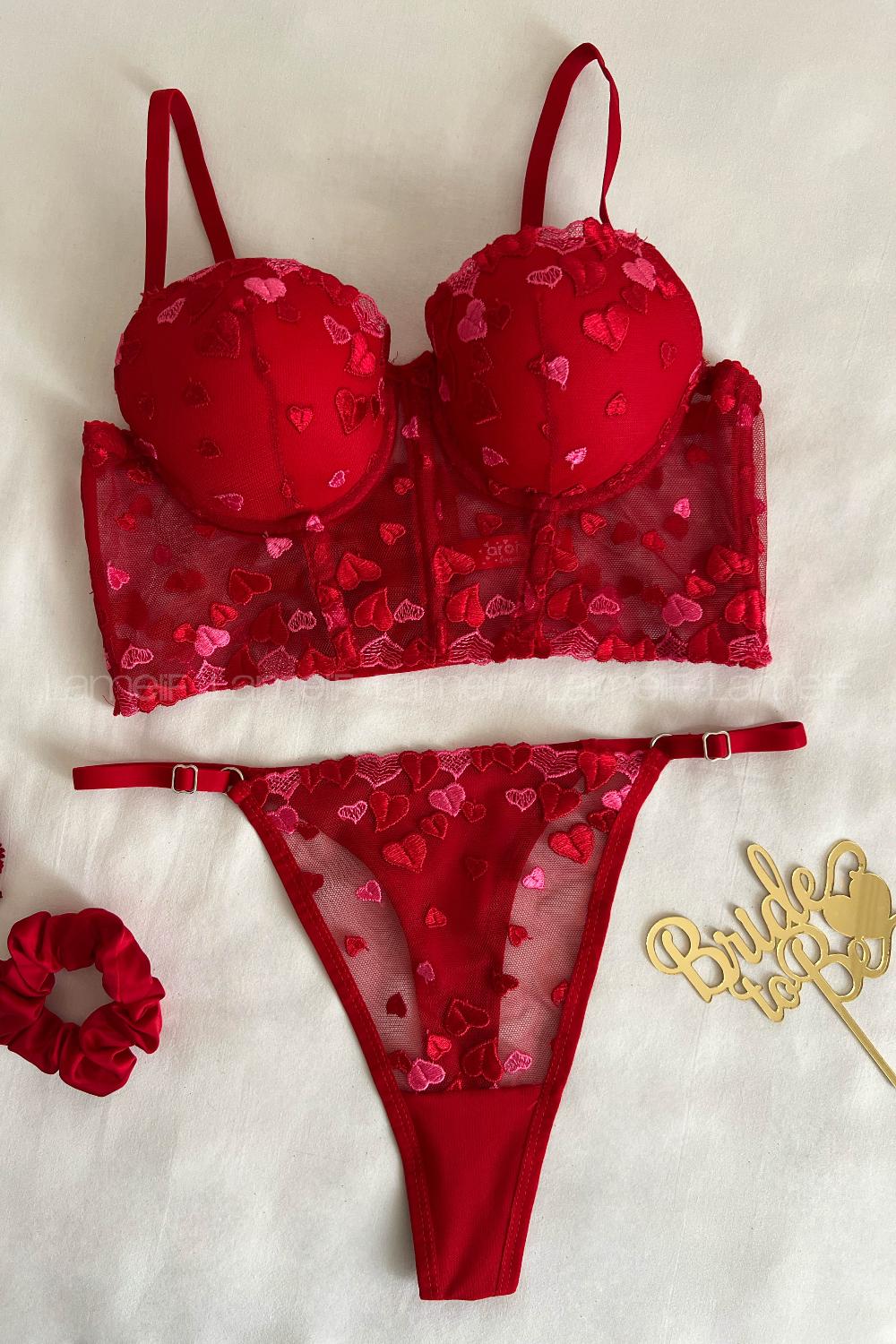 Lamelif Büstiyer Dantelli Nakışlı Destekli Takım