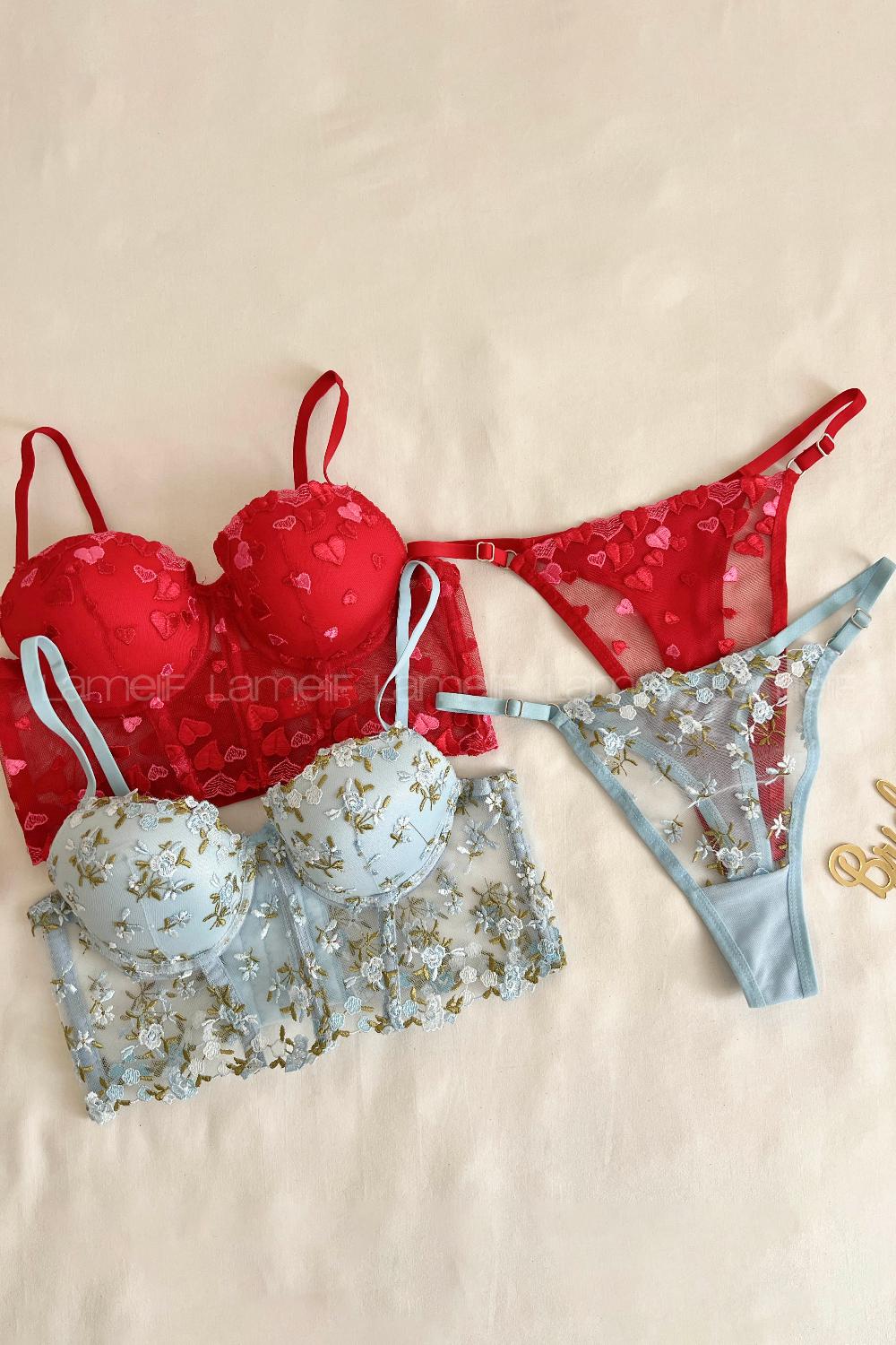 Lamelif Büstiyer Dantelli Nakışlı Destekli Takım