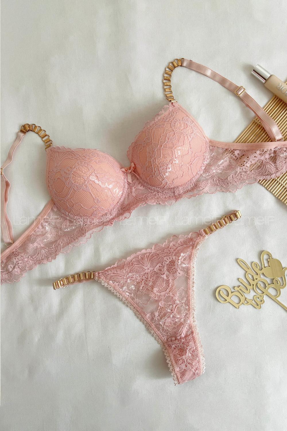Lamelif Dantelli Destekli Sütyen Takım Pudra Renk