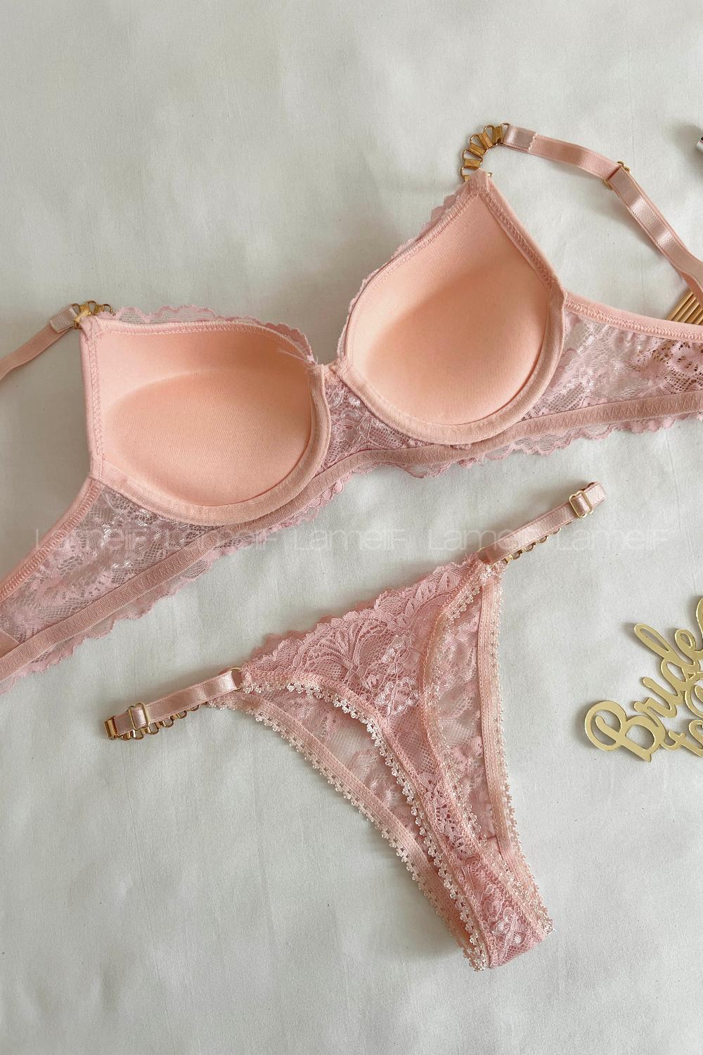 Lamelif Dantelli Destekli Sütyen Takım Pudra Renk