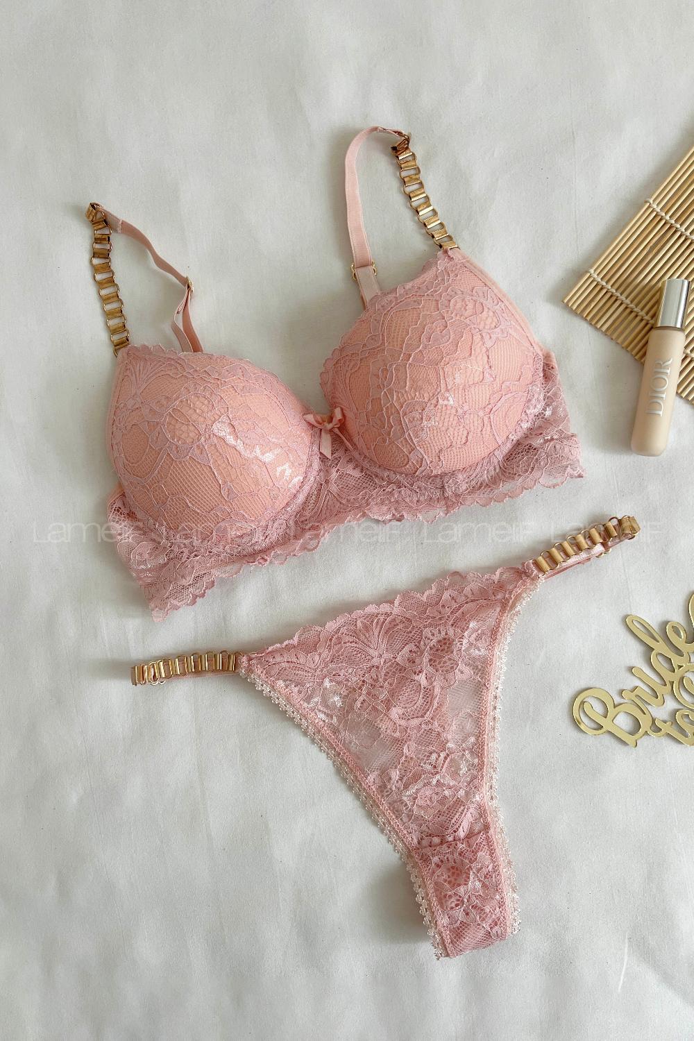 Lamelif Dantelli Destekli Sütyen Takım Pudra Renk