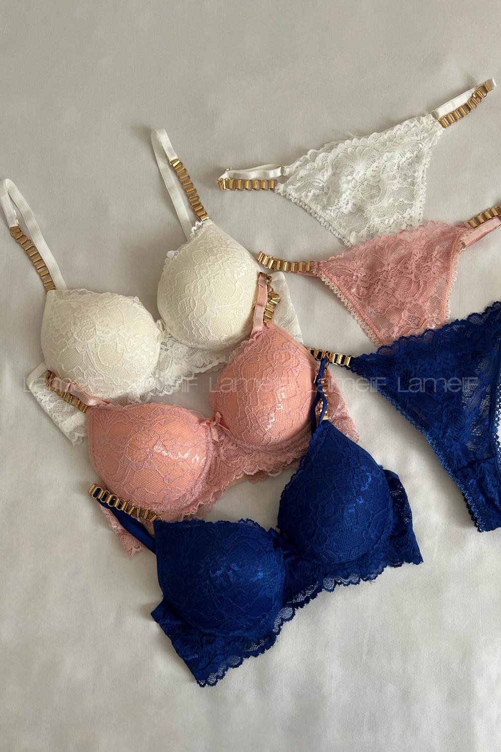 Lamelif Dantelli Destekli Sütyen Takım Saks Rengi