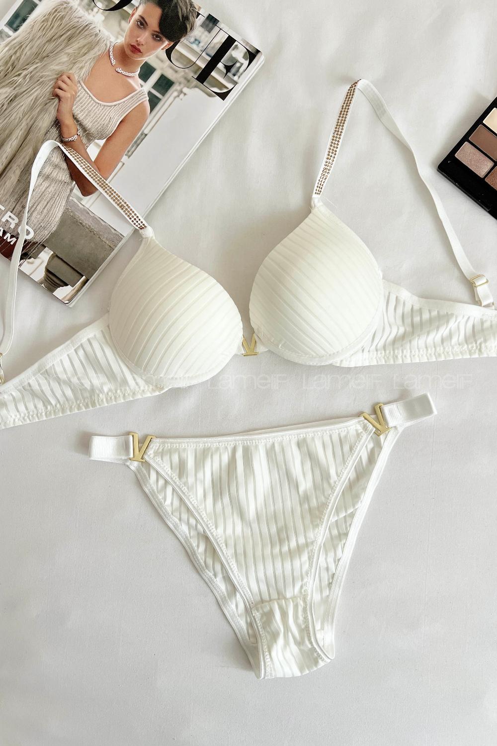 Lamelif Fitilli Destekli Sütyen Takım Ekru Renk