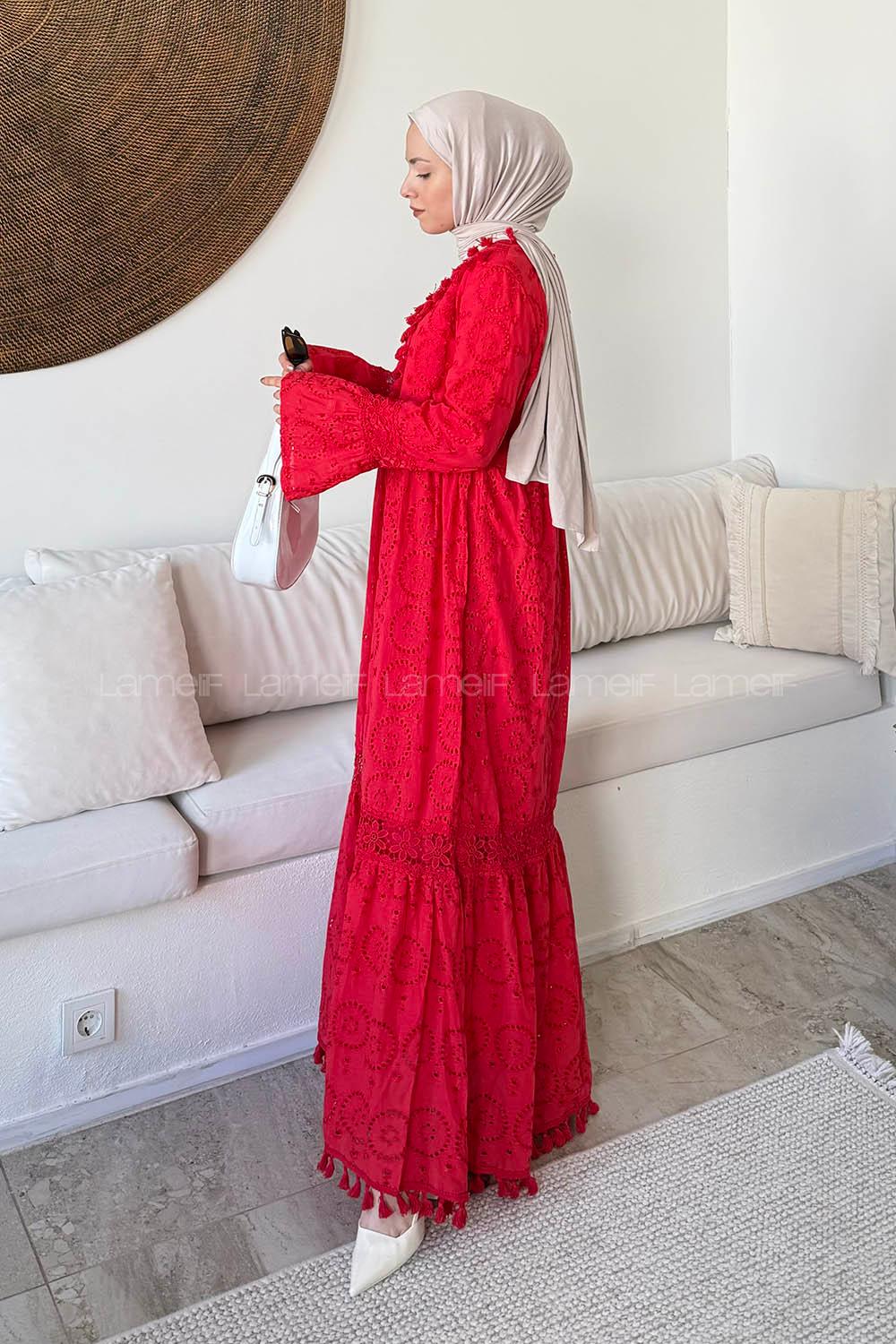 Lamelif Kopanaki Detaylı Fisto Elbise Kırmızı