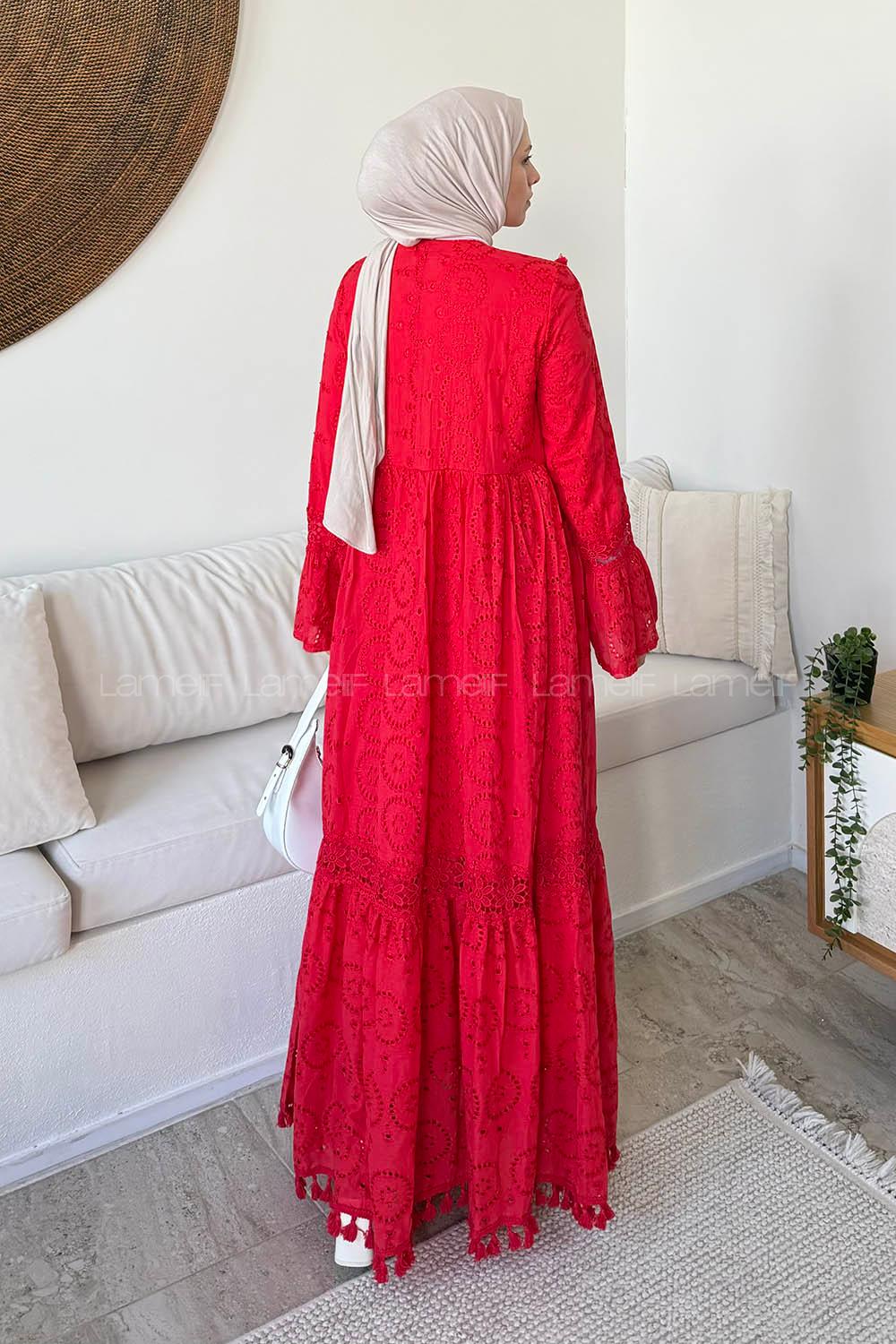 Lamelif Kopanaki Detaylı Fisto Elbise Kırmızı