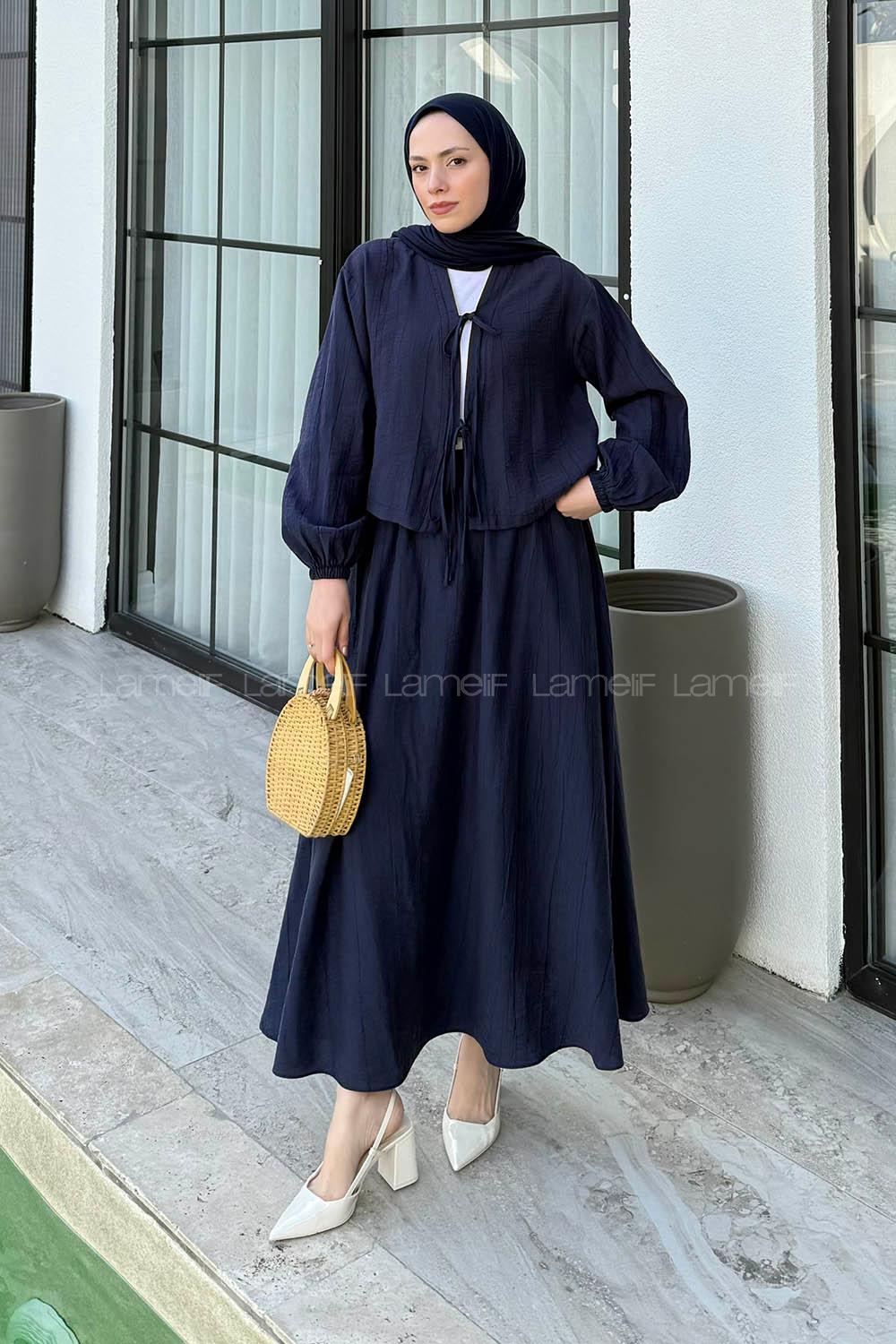 Lamelif Ön Çift Bağcık Detaylı Kısa Kimono Etek Tesettür Takım Lacivert