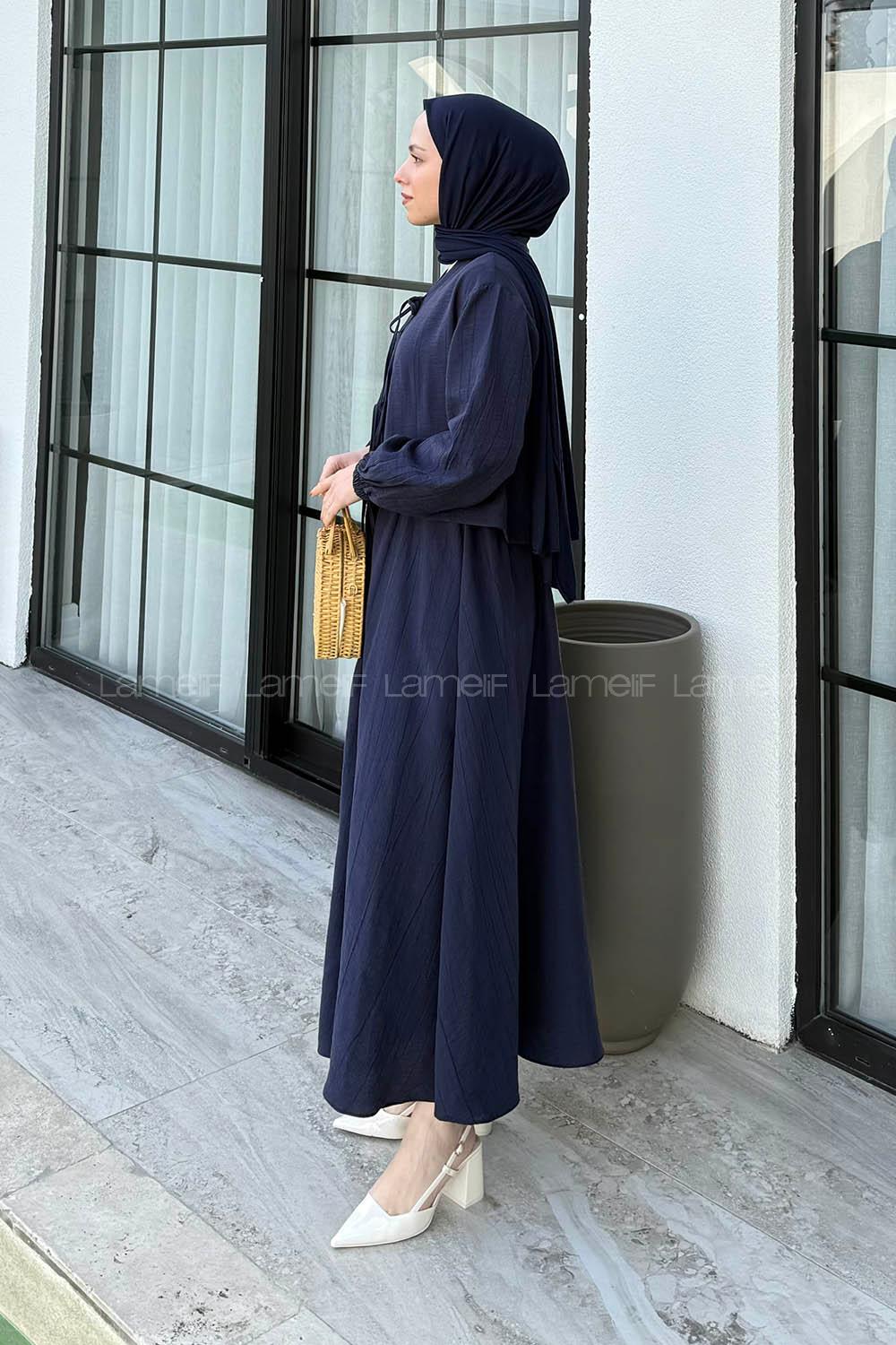 Lamelif Ön Çift Bağcık Detaylı Kısa Kimono Etek Tesettür Takım Lacivert