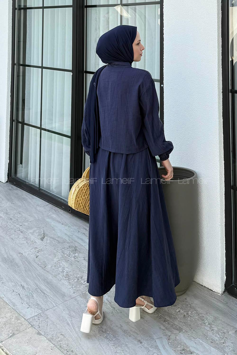 Lamelif Ön Çift Bağcık Detaylı Kısa Kimono Etek Tesettür Takım Lacivert