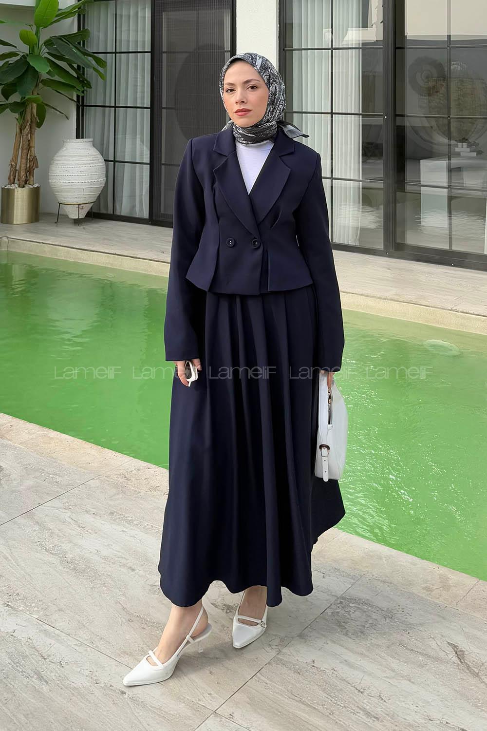 Lamelif Pileli Etek-Kruvaze Ceketli İkili Takım Lacivert