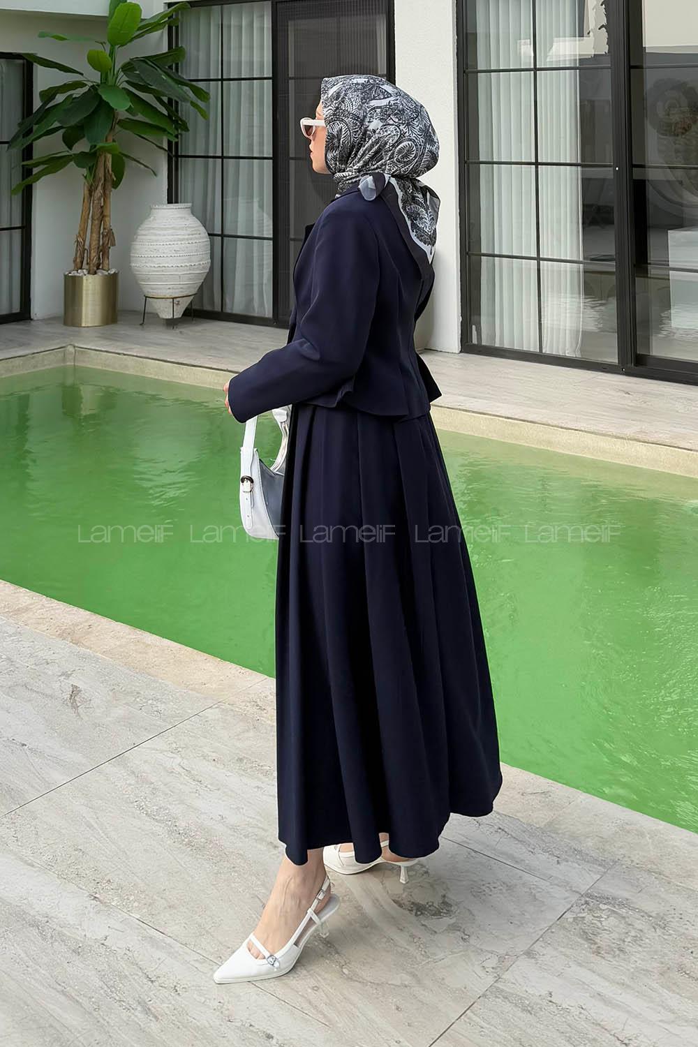 Lamelif Pileli Etek-Kruvaze Ceketli İkili Takım Lacivert