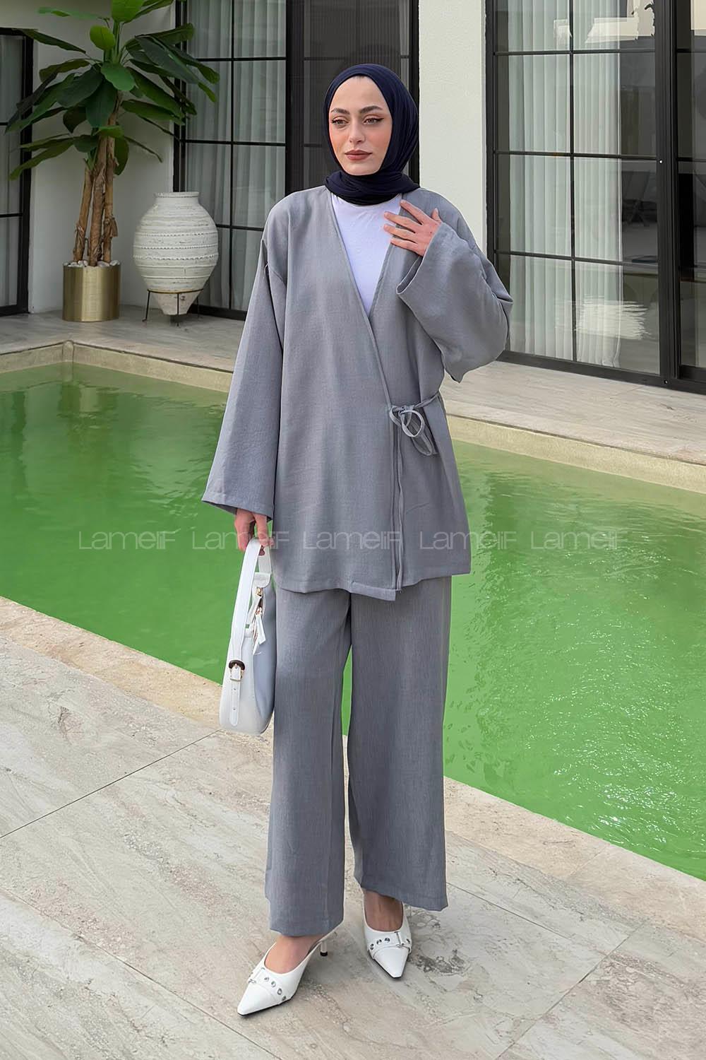 Lamelif Bağlama Detaylı Kimono Tesettür Takım Gri