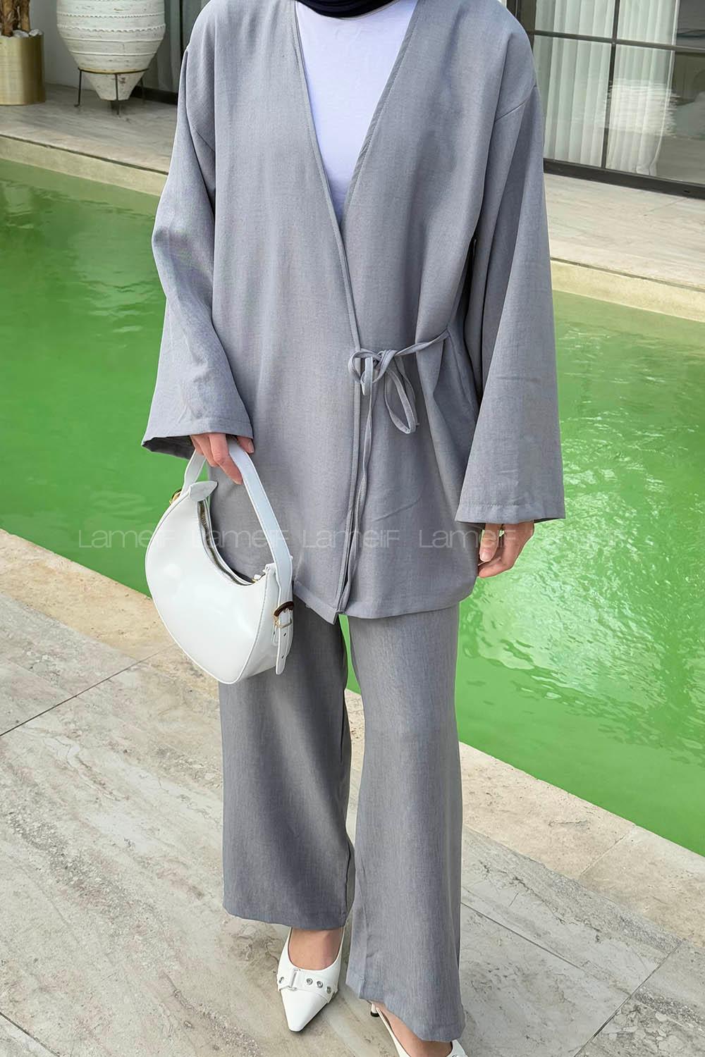 Lamelif Bağlama Detaylı Kimono Tesettür Takım Gri