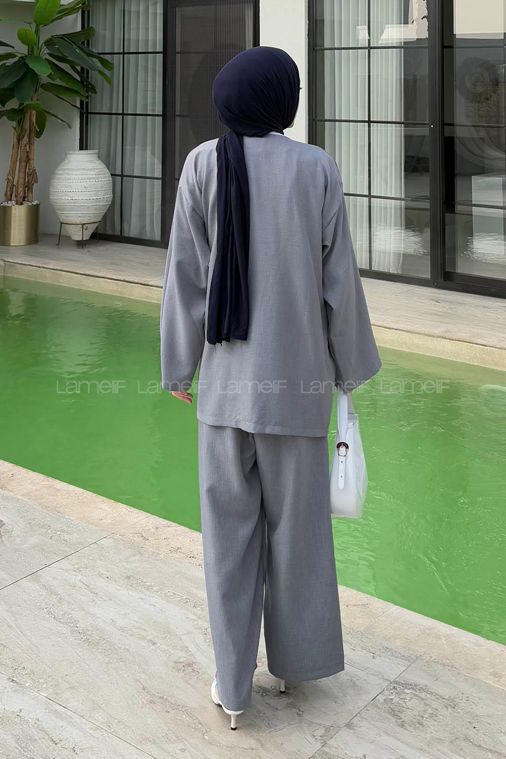 Lamelif Bağlama Detaylı Kimono Tesettür Takım Gri