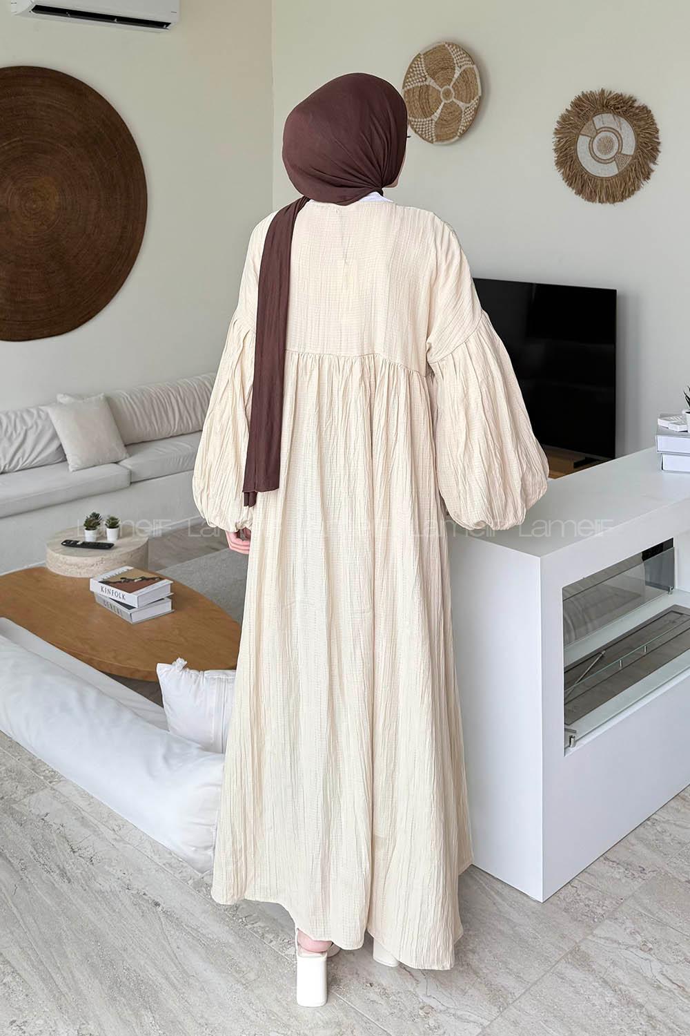Lamelif Balon Kol Uzun Tesettür Elbise Krem