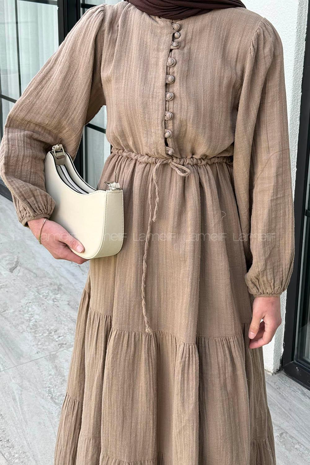 Lamelif Bel Büzgülü Tesettür Elbise Vizonrengi