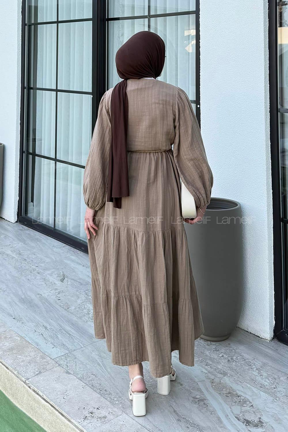 Lamelif Bel Büzgülü Tesettür Elbise Vizonrengi