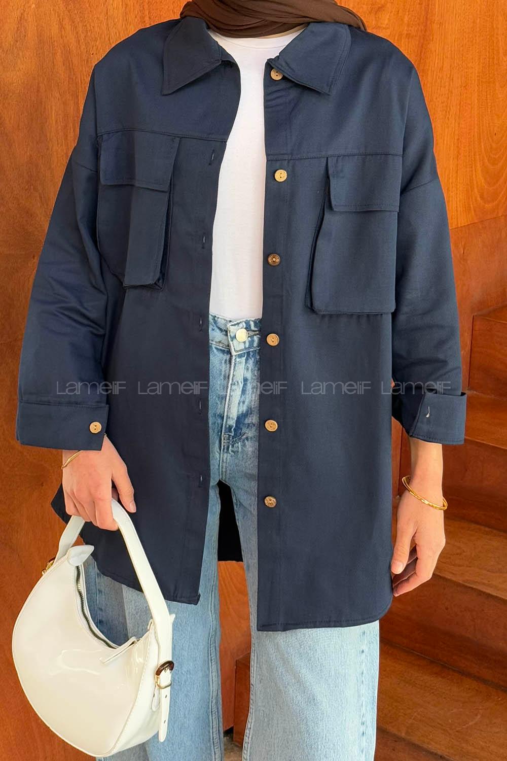 Lamelif Bombe Cepli Gabardin Gömlek Lacivert