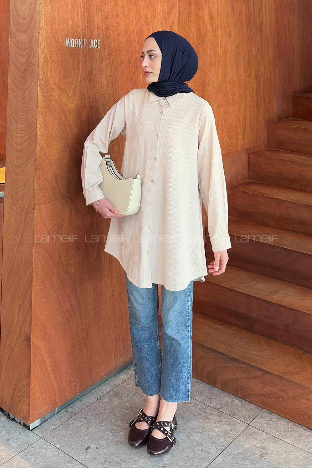 Lamelif Çizgi Geçişli Tesettür Gömlek Bej