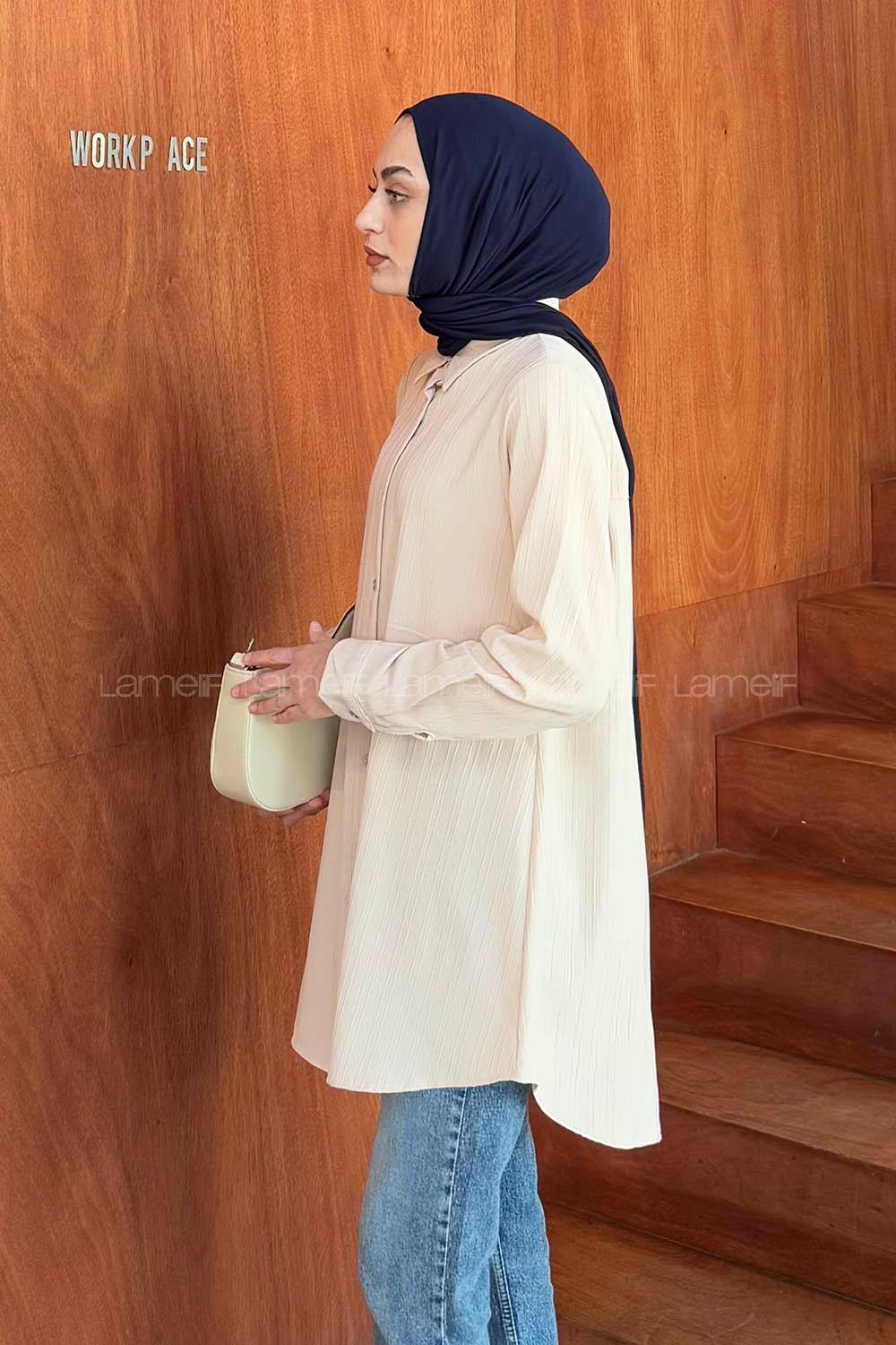Lamelif Çizgi Geçişli Tesettür Gömlek Bej