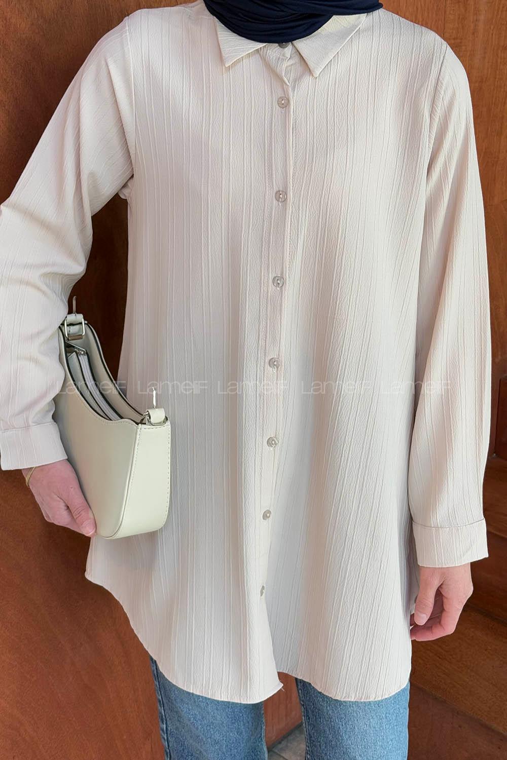 Lamelif Çizgi Geçişli Tesettür Gömlek Bej