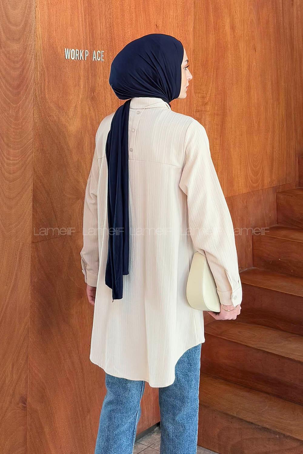 Lamelif Çizgi Geçişli Tesettür Gömlek Bej