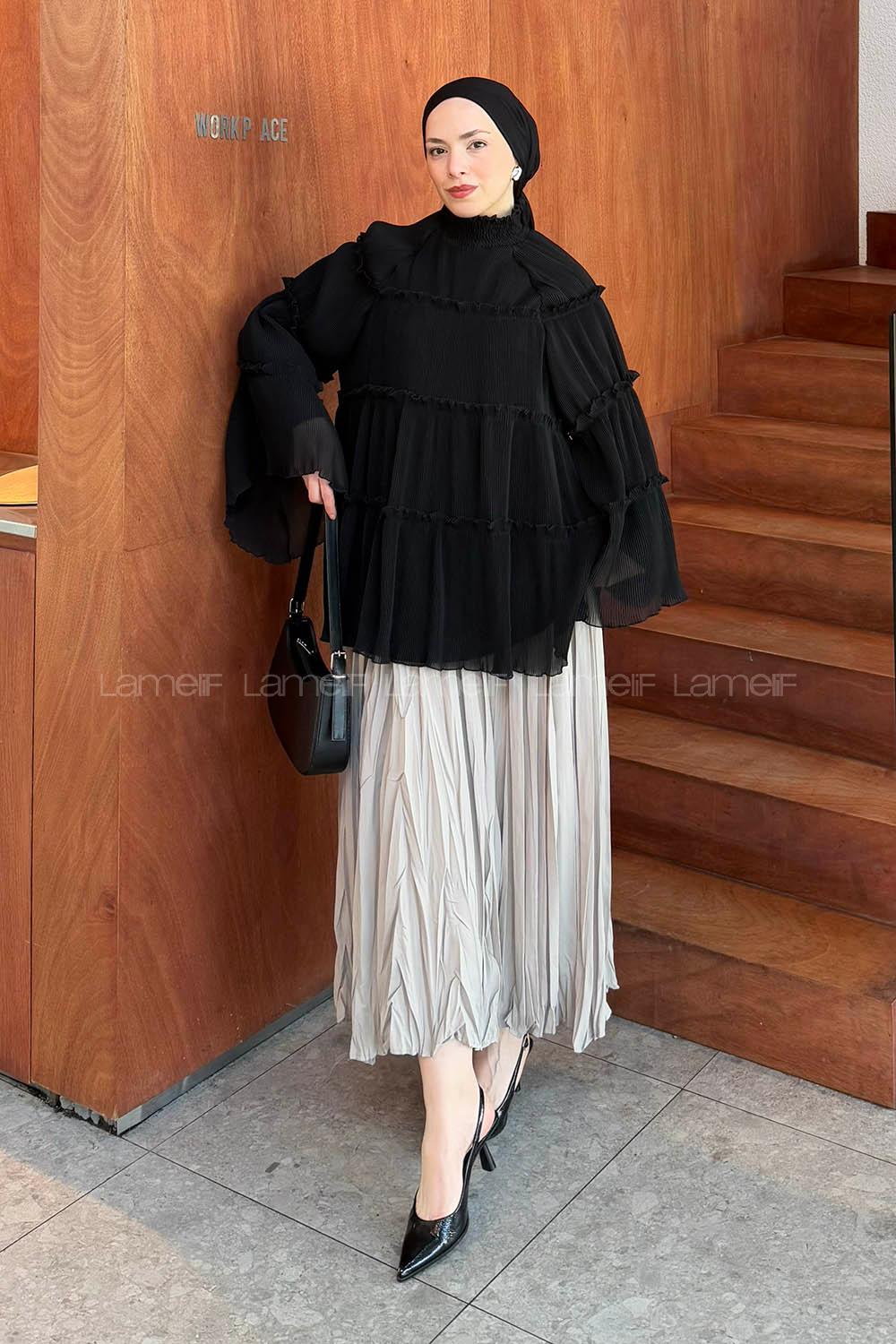 Lamelif Kat Kat Fırfırlı Şifon Tesettür Tunik Siyah